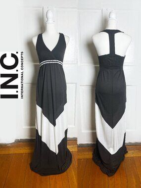 I.N.C. International Concepts Brown & White Chevron Embellish Maxi Dress Size S